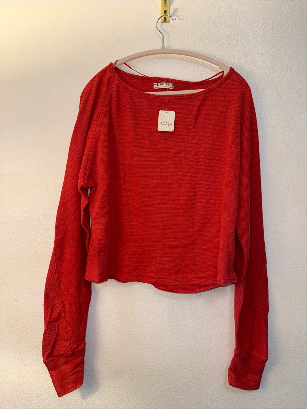 We The Free Bright Red Waffle-Knit Long Sleeve Top